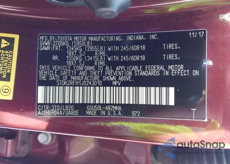 2018 Toyota Highlander Xle z USA, uszkodzony, nr VIN 5TDKZRFH1JS243010